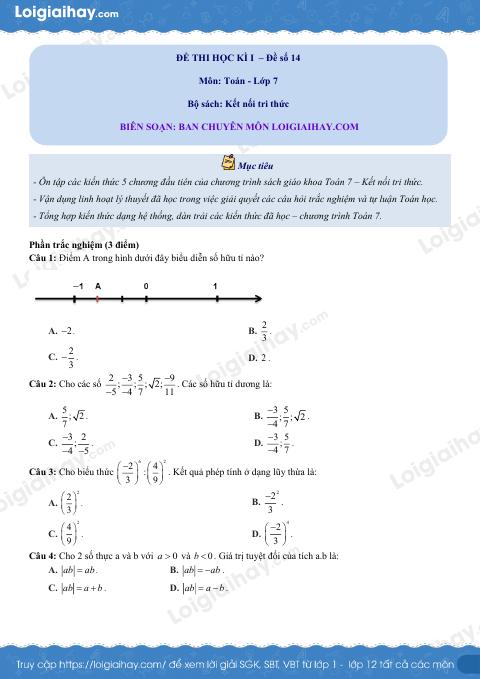 Đề thi học kì 1 Toán 7 - Đề số 14 - Kết nối tri thức